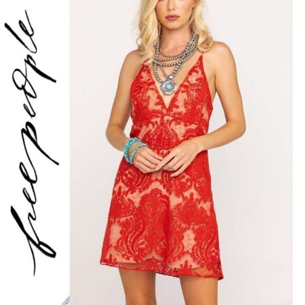 Free People Night Shimmers Red Lace Sequin Mini Dress Size 2 Glamorous Chic